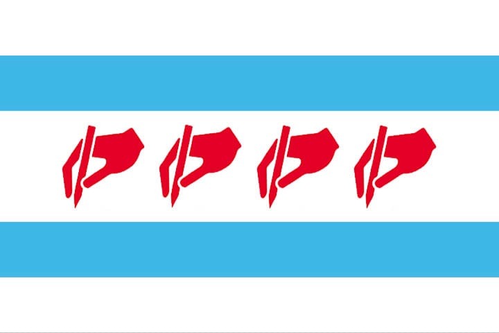 City of Chicago flag with a hand writing symbol replacing the stars.